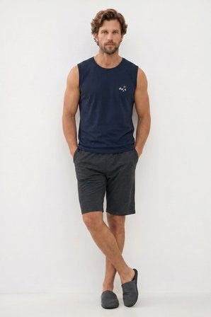 Erkek Standart Fit Normal Kesim Kısa Kollu Pamuklu Baskılı Lacivert Siyah Pijama Takımı
