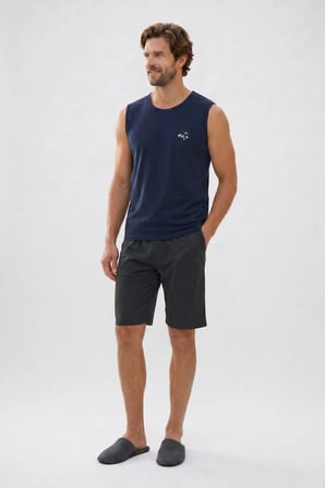 Erkek Standart Fit Normal Kesim Kısa Kollu Pamuklu Baskılı Lacivert Siyah Pijama Takımı
