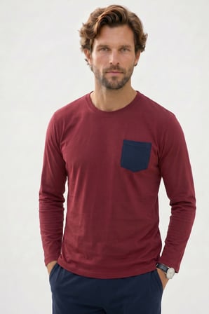 Erkek Standart Fit Rahat Kesim Uzun Kollu Pamuklu Bordo Lacivert Pijama Takımı