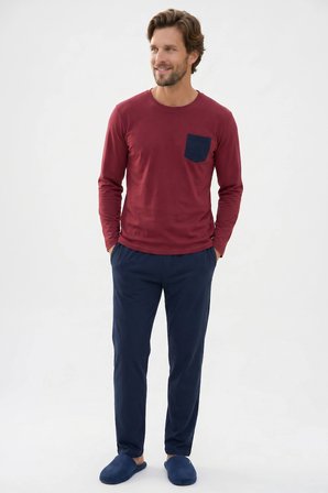 Erkek Standart Fit Rahat Kesim Uzun Kollu Pamuklu Bordo Lacivert Pijama Takımı