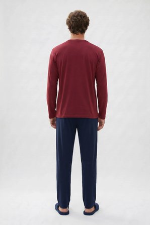 Erkek Standart Fit Rahat Kesim Uzun Kollu Pamuklu Bordo Lacivert Pijama Takımı