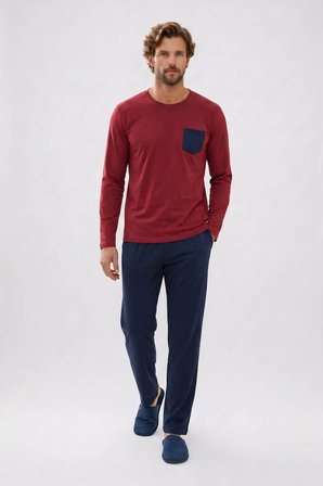 Erkek Standart Fit Rahat Kesim Uzun Kollu Pamuklu Bordo Lacivert Pijama Takımı
