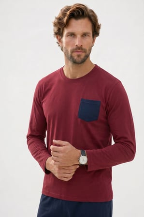 Erkek Standart Fit Rahat Kesim Uzun Kollu Pamuklu Bordo Lacivert Pijama Takımı