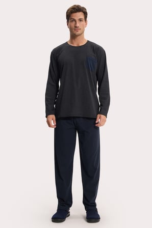 Erkek Standart Fit Rahat Kesim Uzun Kollu Pamuklu Gri Lacivert Pijama Takımı