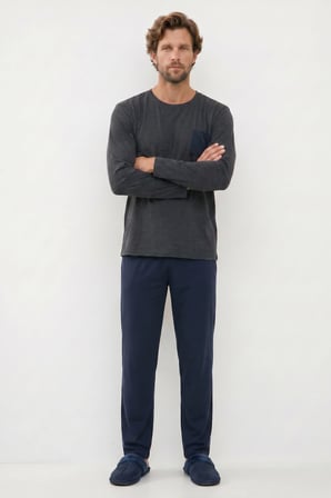 Erkek Standart Fit Rahat Kesim Uzun Kollu Pamuklu Gri Lacivert Pijama Takımı