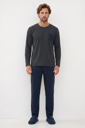 Erkek Standart Fit Rahat Kesim Uzun Kollu Pamuklu Gri Lacivert Pijama Takımı