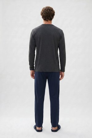 Erkek Standart Fit Rahat Kesim Uzun Kollu Pamuklu Gri Lacivert Pijama Takımı