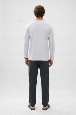 Erkek Standart Fit Rahat Kesim Uzun Kollu Pamuklu Gri Siyah Pijama Takımı