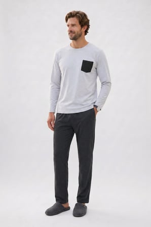 Erkek Standart Fit Rahat Kesim Uzun Kollu Pamuklu Gri Siyah Pijama Takımı