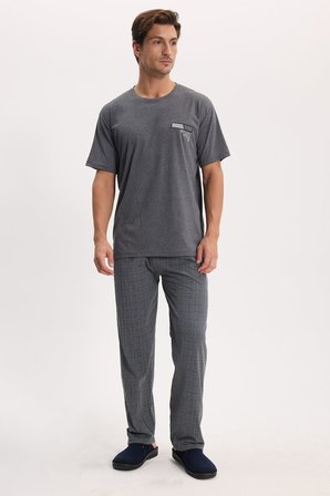 Erkek Standart Fit Normal Kesim Pamuklu Bisiklet Yaka Kısa Kollu Lastikli Gri Pijama Takımı