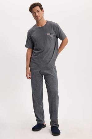 Erkek Standart Fit Normal Kesim Pamuklu Bisiklet Yaka Kısa Kollu Lastikli Gri Pijama Takımı