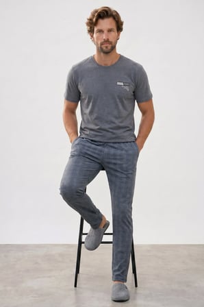 Erkek Standart Fit Normal Kesim Pamuklu Bisiklet Yaka Kısa Kollu Lastikli Gri Pijama Takımı