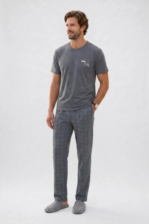 Erkek Standart Fit Normal Kesim Pamuklu Bisiklet Yaka Kısa Kollu Lastikli Gri Pijama Takımı
