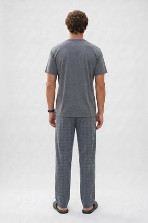 Erkek Standart Fit Normal Kesim Pamuklu Bisiklet Yaka Kısa Kollu Lastikli Gri Pijama Takımı