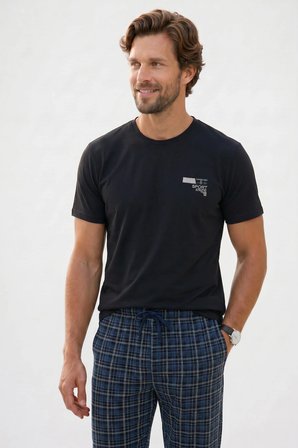 Erkek Standart Fit Normal Kesim Pamuklu Bisiklet Yaka Kısa Kollu Lastikli Siyah Pijama Takımı
