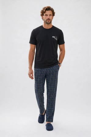 Erkek Standart Fit Normal Kesim Pamuklu Bisiklet Yaka Kısa Kollu Lastikli Siyah Pijama Takımı