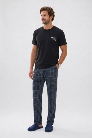 Erkek Standart Fit Normal Kesim Pamuklu Bisiklet Yaka Kısa Kollu Lastikli Siyah Pijama Takımı
