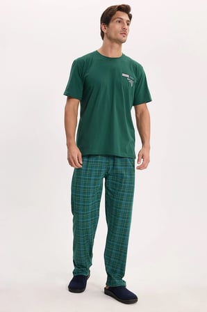 Erkek Standart Fit Normal Kesim Pamuklu Bisiklet Yaka Kısa Kollu Lastikli Yeşil Pijama Takımı
