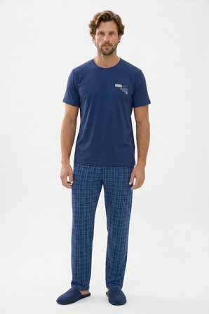 Erkek Standart Fit Normal Kesim Pamuklu Bisiklet Yaka Kısa Kollu Lastikli Lacivert Pijama Takımı