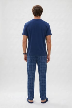 Erkek Standart Fit Normal Kesim Pamuklu Bisiklet Yaka Kısa Kollu Lastikli Lacivert Pijama Takımı