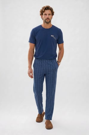 Erkek Standart Fit Normal Kesim Pamuklu Bisiklet Yaka Kısa Kollu Lastikli Lacivert Pijama Takımı