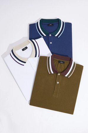 Erkek 3'lü Paket Kahverengi-Lacivert-Beyaz Slim Fit Dar Kesim %100 Pamuk Düz Pike Polo Yaka Tişört