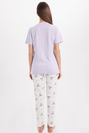Kadın Regular Fit Klasik Kesim %100 Pamuk Bisiklet Yaka Kısa Kollu Baskılı Lila Pijama Takımı