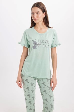 Kadın Regular Fit Klasik Kesim %100 Pamuk Fırfır Detaylı Kısa Kollu Baskılı Mint Pijama Takımı