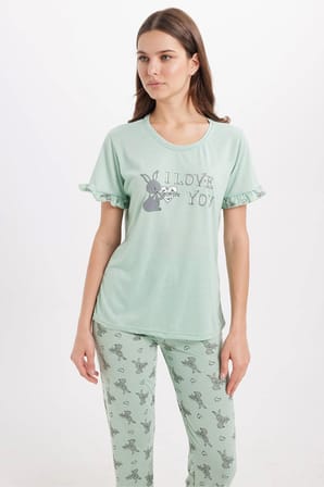 Kadın Regular Fit Klasik Kesim %100 Pamuk Fırfır Detaylı Kısa Kollu Baskılı Mint Pijama Takımı