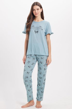 Kadın Regular Fit Klasik Kesim %100 Pamuk Fırfır Detaylı Kısa Kollu Baskılı Su Yeşili Pijama Takımı