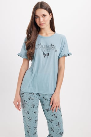 Kadın Regular Fit Klasik Kesim %100 Pamuk Fırfır Detaylı Kısa Kollu Baskılı Su Yeşili Pijama Takımı