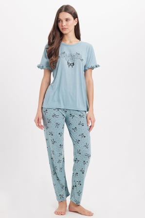 Kadın Regular Fit Klasik Kesim %100 Pamuk Fırfır Detaylı Kısa Kollu Baskılı Su Yeşili Pijama Takımı