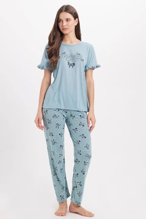 Kadın Regular Fit Klasik Kesim %100 Pamuk Fırfır Detaylı Kısa Kollu Baskılı Su Yeşili Pijama Takımı