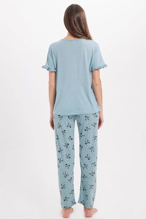 Kadın Regular Fit Klasik Kesim %100 Pamuk Fırfır Detaylı Kısa Kollu Baskılı Su Yeşili Pijama Takımı