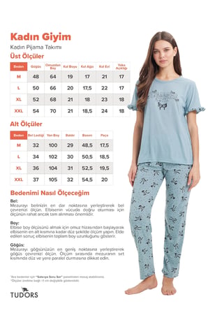 Kadın Regular Fit Klasik Kesim %100 Pamuk Fırfır Detaylı Kısa Kollu Baskılı Su Yeşili Pijama Takımı