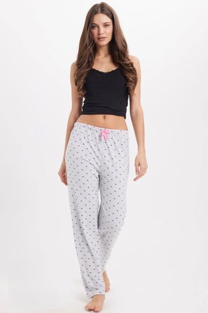 Kadın Regular Fit Klasik Kesim Viskon Beli Lastikli Fiyonk Detaylı Baskılı Gri Pijama Altı