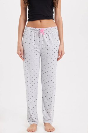 Kadın Regular Fit Klasik Kesim Viskon Beli Lastikli Fiyonk Detaylı Baskılı Gri Pijama Altı