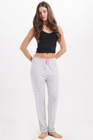 Kadın Regular Fit Klasik Kesim Viskon Beli Lastikli Fiyonk Detaylı Baskılı Gri Pijama Altı