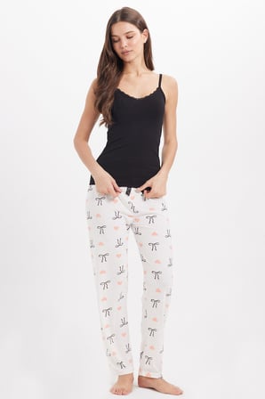 Kadın Regular Fit Klasik Kesim Viskon Beli Lastikli Fiyonk Detaylı Baskılı Beyaz Pijama Altı