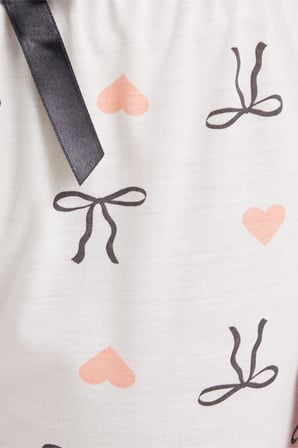 Kadın Regular Fit Klasik Kesim Viskon Beli Lastikli Fiyonk Detaylı Baskılı Beyaz Pijama Altı