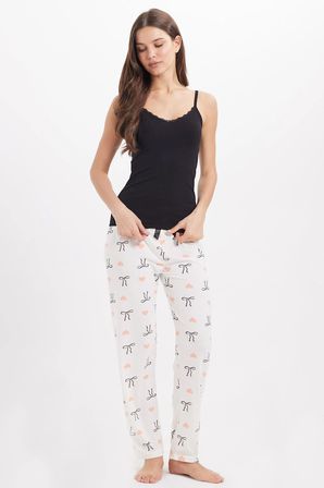 Kadın Regular Fit Klasik Kesim Viskon Beli Lastikli Fiyonk Detaylı Baskılı Beyaz Pijama Altı
