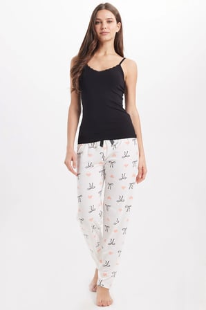 Kadın Regular Fit Klasik Kesim Viskon Beli Lastikli Fiyonk Detaylı Baskılı Beyaz Pijama Altı