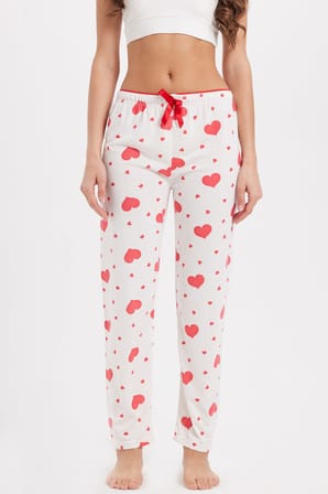 Kadın Regular Fit Klasik Kesim Viskon Beli Lastikli Fiyonk Detaylı Baskılı Beyaz Pijama Altı