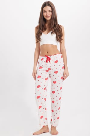 Kadın Regular Fit Klasik Kesim Viskon Beli Lastikli Fiyonk Detaylı Baskılı Beyaz Pijama Altı
