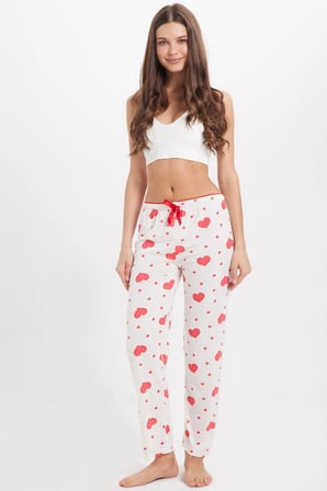 Kadın Regular Fit Klasik Kesim Viskon Beli Lastikli Fiyonk Detaylı Baskılı Beyaz Pijama Altı