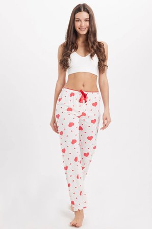 Kadın Regular Fit Klasik Kesim Viskon Beli Lastikli Fiyonk Detaylı Baskılı Beyaz Pijama Altı