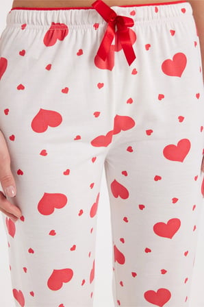 Kadın Regular Fit Klasik Kesim Viskon Beli Lastikli Fiyonk Detaylı Baskılı Beyaz Pijama Altı