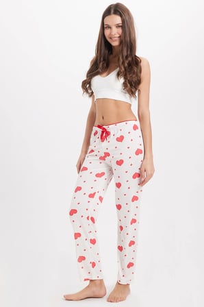 Kadın Regular Fit Klasik Kesim Viskon Beli Lastikli Fiyonk Detaylı Baskılı Beyaz Pijama Altı