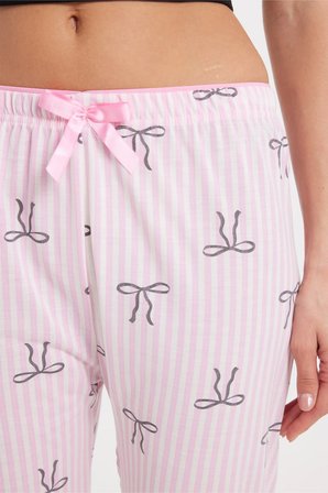 Kadın Regular Fit Klasik Kesim Viskon Beli Lastikli Fiyonk Detaylı Baskılı Pembe Pijama Altı