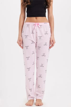 Kadın Regular Fit Klasik Kesim Viskon Beli Lastikli Fiyonk Detaylı Baskılı Pembe Pijama Altı
